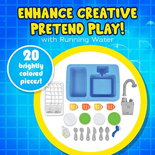 Sunny Days Entertainment Kitchen Sink Play Set with Running Water – 20 Piece Pretend Play Toy for Boys and Girls | Kids Kitchen