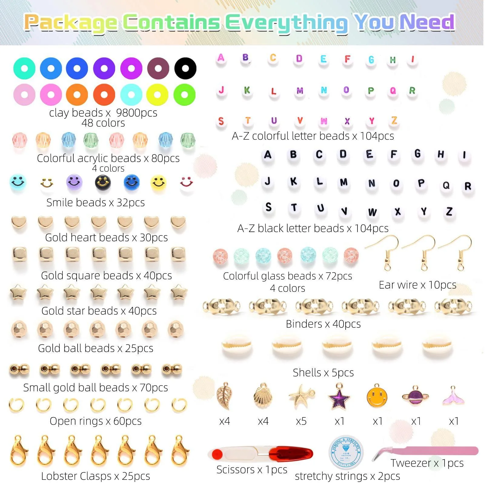 lxueo clay beads 9800 pcs bracelet making kit, 48 colors polymer clay beads for bracelets jewelry making kit, with spacer hei