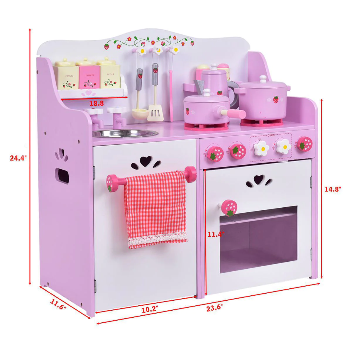 Costway Kids Wooden Play Set Kitchen Toy Strawberry Pretend Cooking Playset Toddler