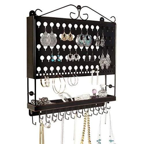 Designers Impressions JR20-ORB Oil Rubbed Bronze Wall Mounted Organizer Necklace Holder Earring &a; Jewelry Display Rack with Tray