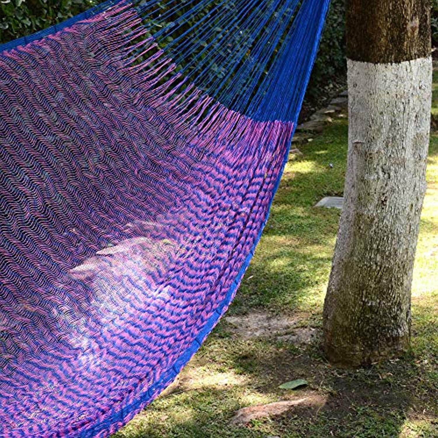 novica blue fuchsia pink hand woven nylon mayan 1 person rope hammock with hanging accessories, &s;iridescent tropics&s; (single)