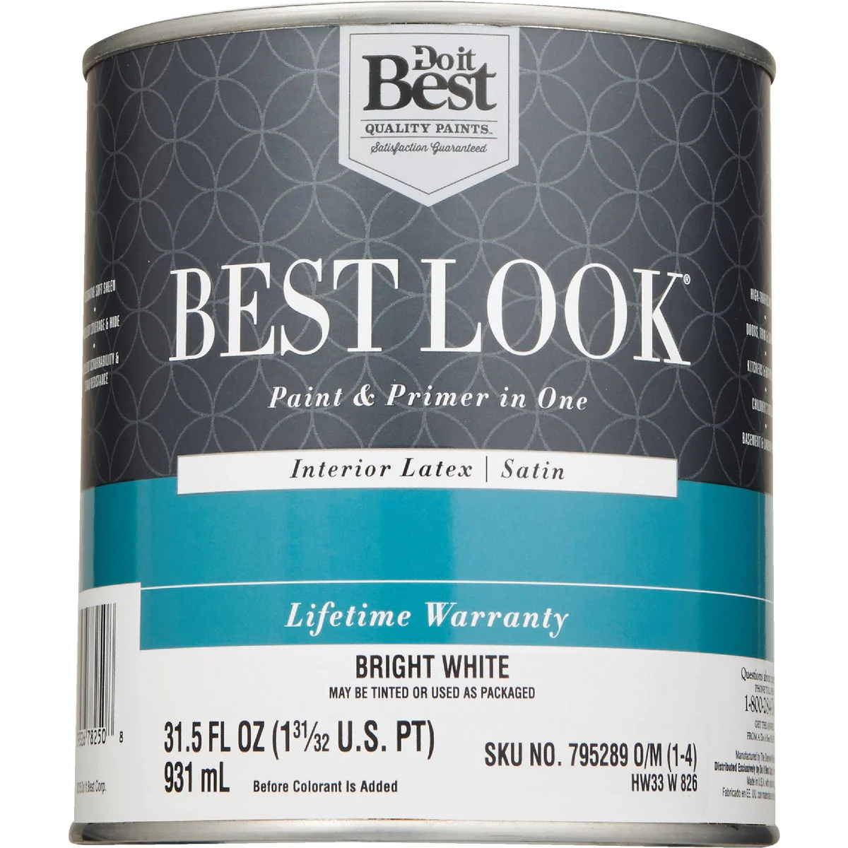 Best Look SIM Supply, Inc. HW33W0826-14 Best Look Latex Premium Paint &a; Primer In One Satin Interior Wall Paint, Bright White, 1 Qt. HW33W