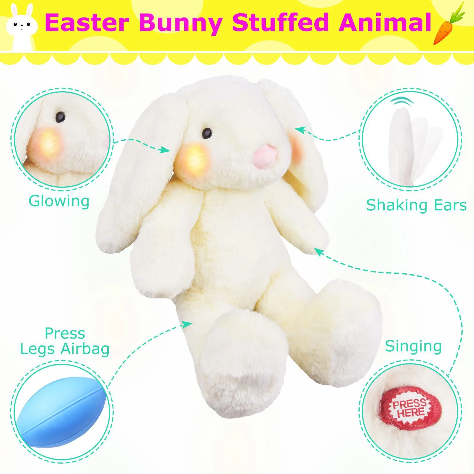 Marsjoy white musical bunny stuffed animal plush rabbit baby toy, light up bunny huggable stuffed rabbit with shaking floppy ears, cu
