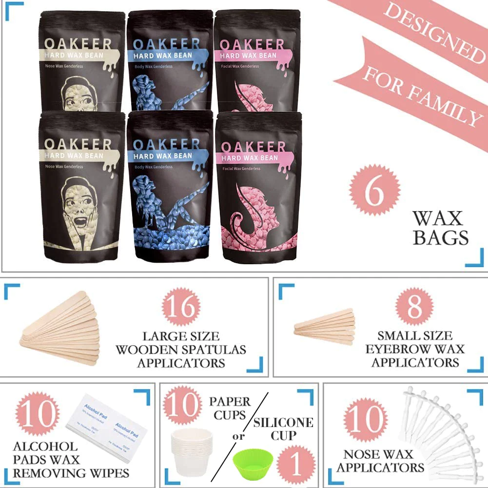 Oakeer Waxing Kit Women Men Wax Warmer Hair Removal at Home with 6 Bags Beans Body Waxing for Eyebrows Nose Cheeks Arms Bikinis