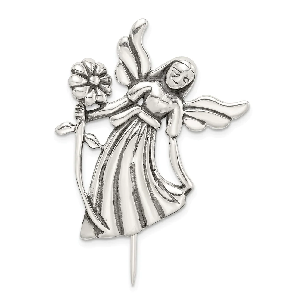 Jewelryweb Sterling Silver Satin Finish D-Cut Bending Angel Flower Pin - Measures 38x27mm Wide