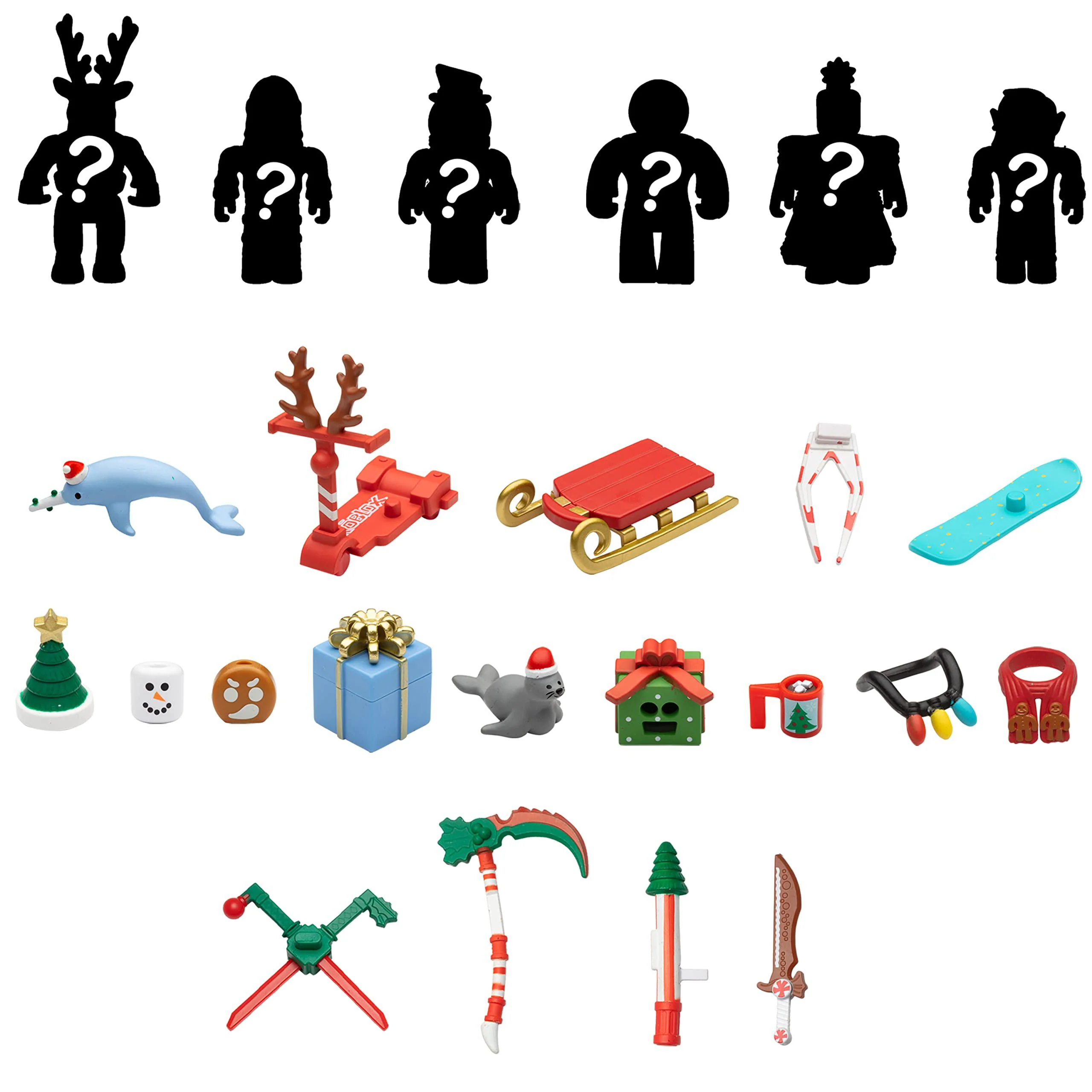 roblox holiday advent calendar for kids, 24 day gift playset - toy set includes 6 figures, 18 accessories, 2 redeemable codes