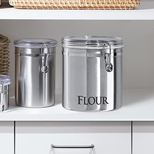 oggi airtight clamp canister food storage container, 8-inch-flour, stainless, clear lid