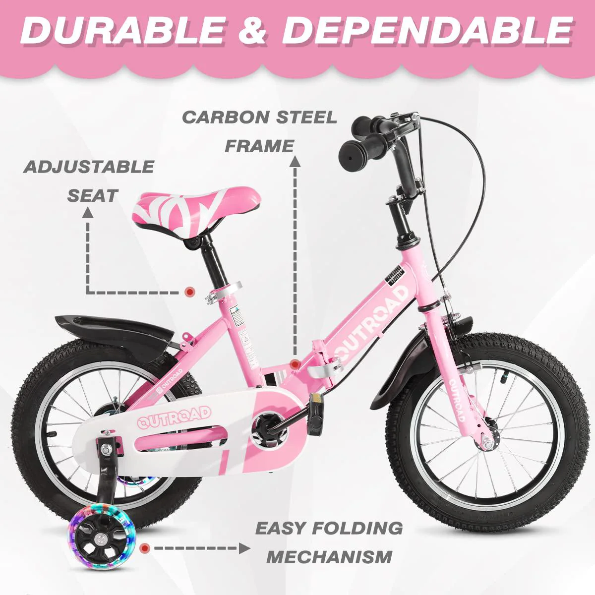 marknig folding kids bike, 14 16 inch boys girls freestyle children bicycle with training wheels, adjustable seat toddlers bi