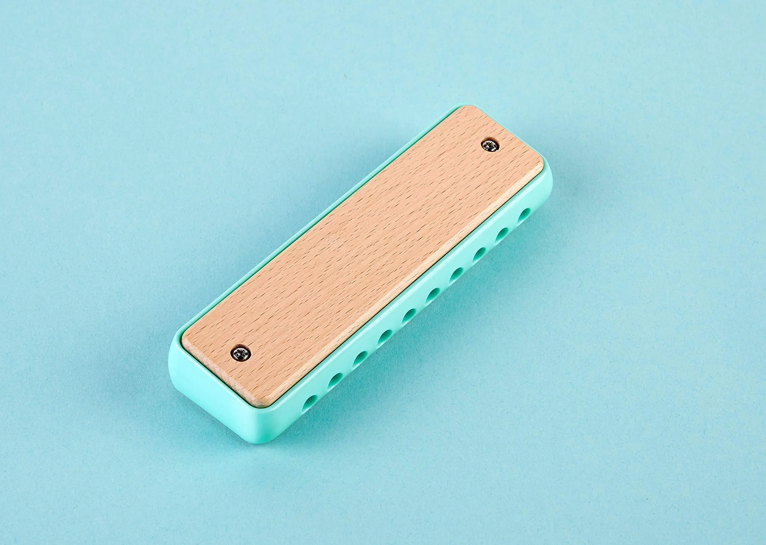 hape blues harmonica | 10 hole wooden musical instrument toy for kids, blue-green (e8916)