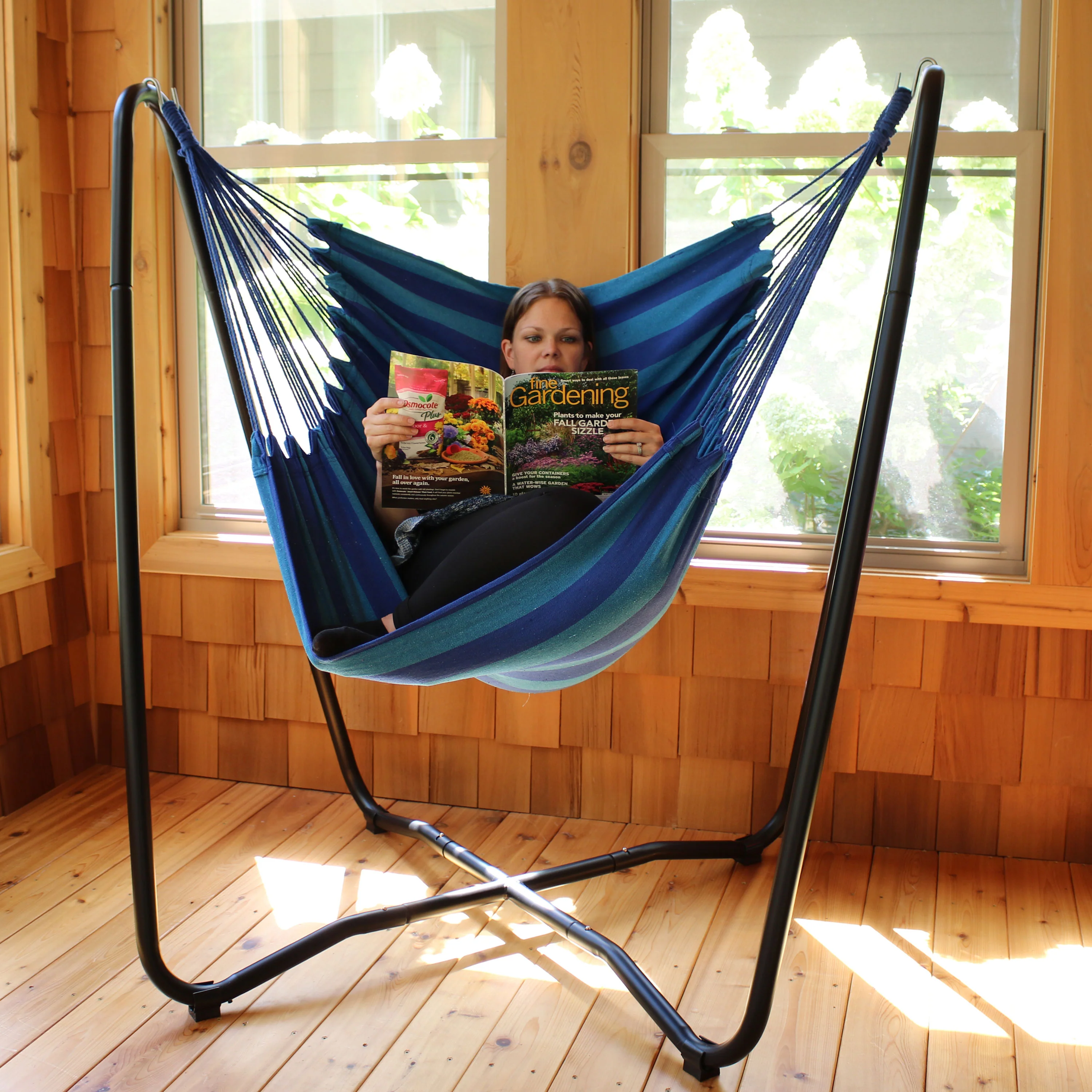 Sunnydaze Decor Hanging Hammock Chair Swing with Sturdy Space-Saving Stand - Beach Oasis