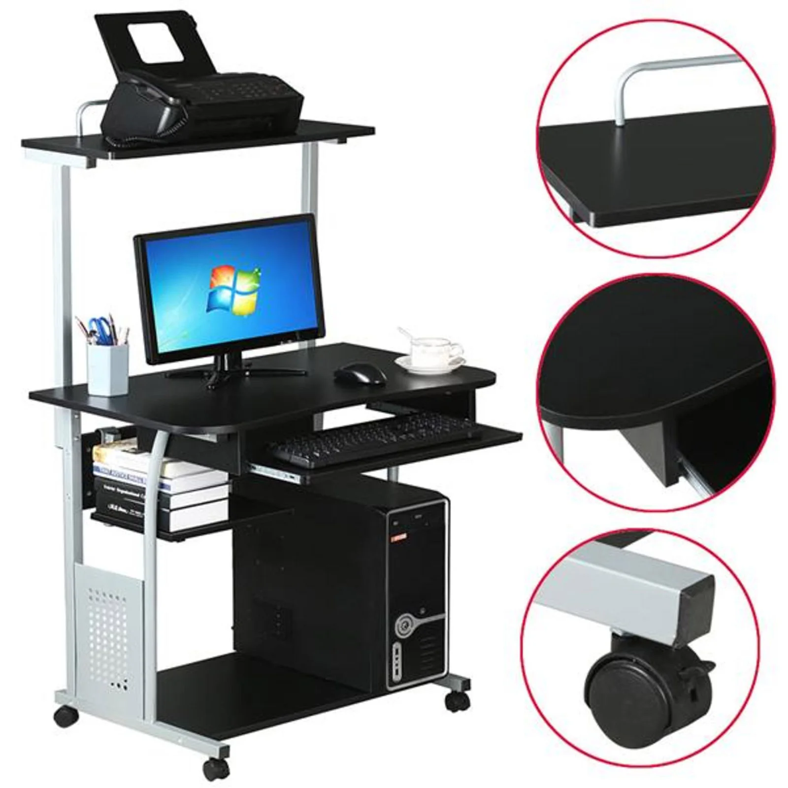 Yaheetech YT-1407A 2 Tier Rolling Computer Desk with Printer Shelf Stand - Black