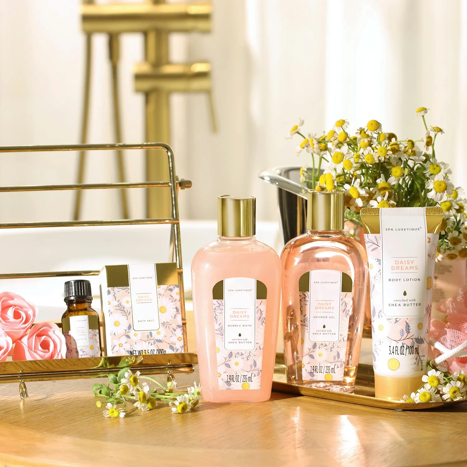 spa luxetique Bath Sets for Women Gift, Spa Luxetique 8pcs Home Spa Gifts Set Daisy Scented with Bubble Bath, Body Lotion, Bath Salt, Essentia
