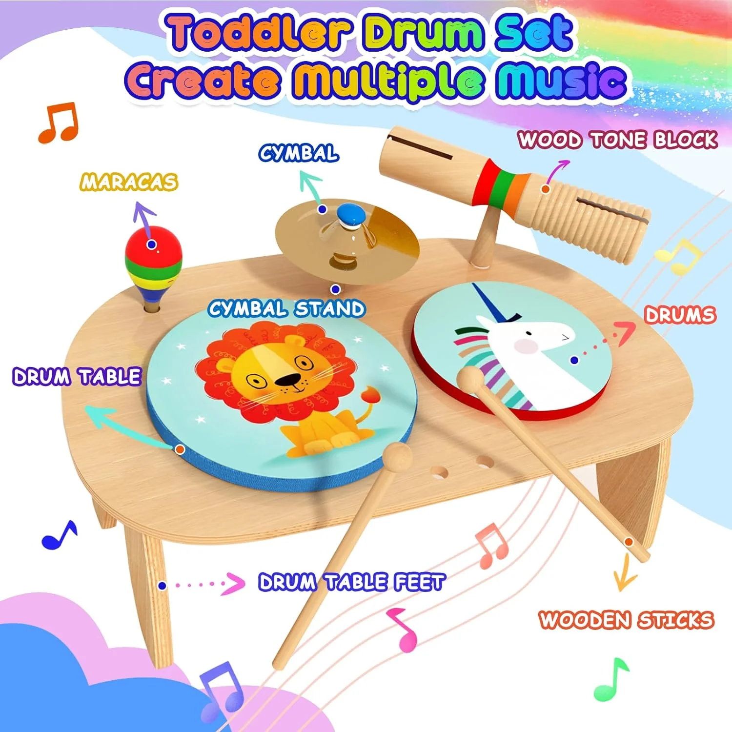 Great Choice Products Kids Drum Set Baby Musical Instruments Toys For Toddlers Natural Wooden Preschool Musical Toys Baby Sensory Toys Montessor