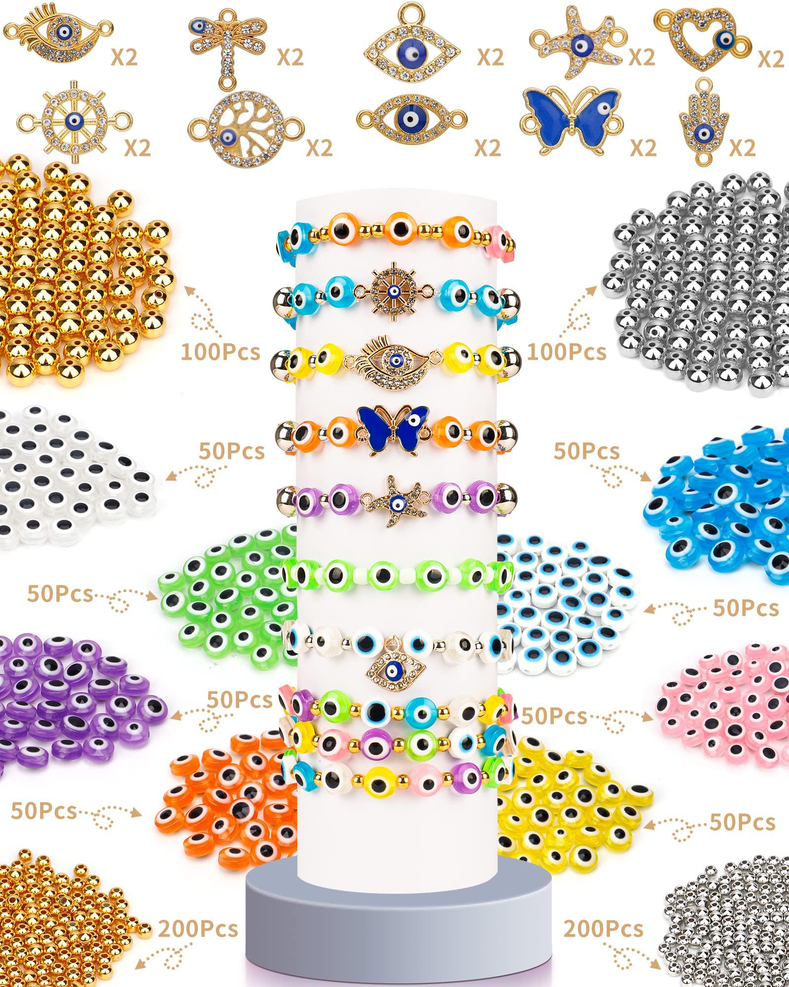 Taotripos evil eye beads for jewelry making, 8mm flat round evil eye charms colorful evil eye bracelet making kit easter beads decors f