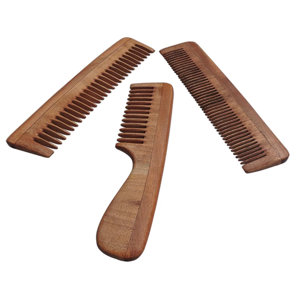 HealthGoodsIn Neem Wood Combs Set of 3, Includes Wide Tooth, Fine Tooth, Wide Tooth with Handle - ULTRA SAVER PACK