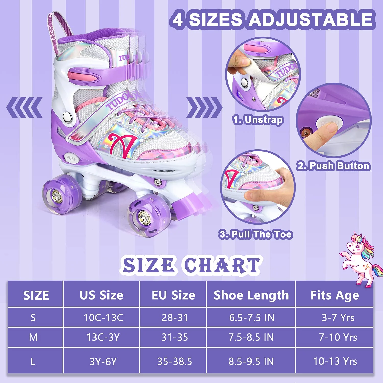 Tudoccy Roller Skates for Kids, Shine Skates 4 Size Adjustable Roller Skates with Light up Wheels for Girls, Teens, Outdoor Rollerskates