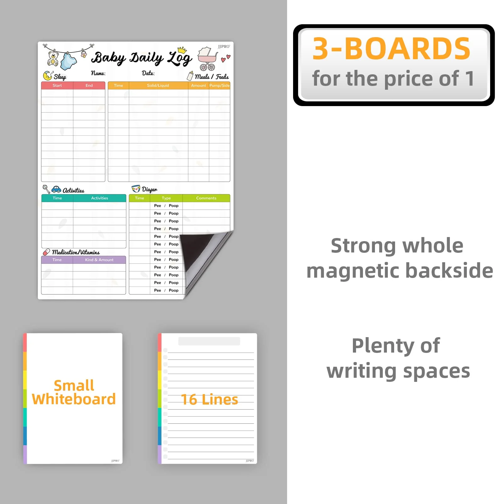 JJPRO Newborn Baby or Toddler Log Tracker Whiteboard - Reusable Daily Planner chart to Log Feeding Food, Sleep&a;Naps, Diaper chan