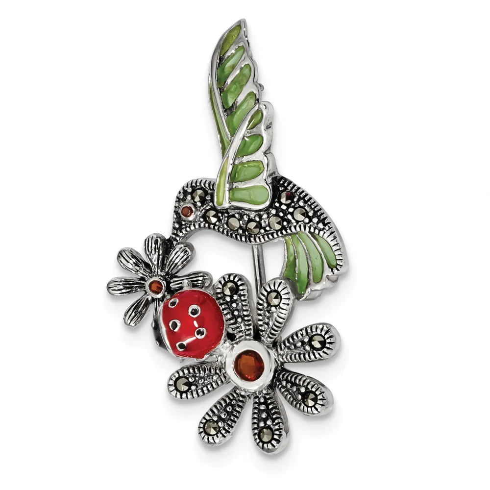 Jewelryweb 25.5mm Sterling Silver Antiqued Epoxy Marcasite Red Glass Ladybug Flower Pin
