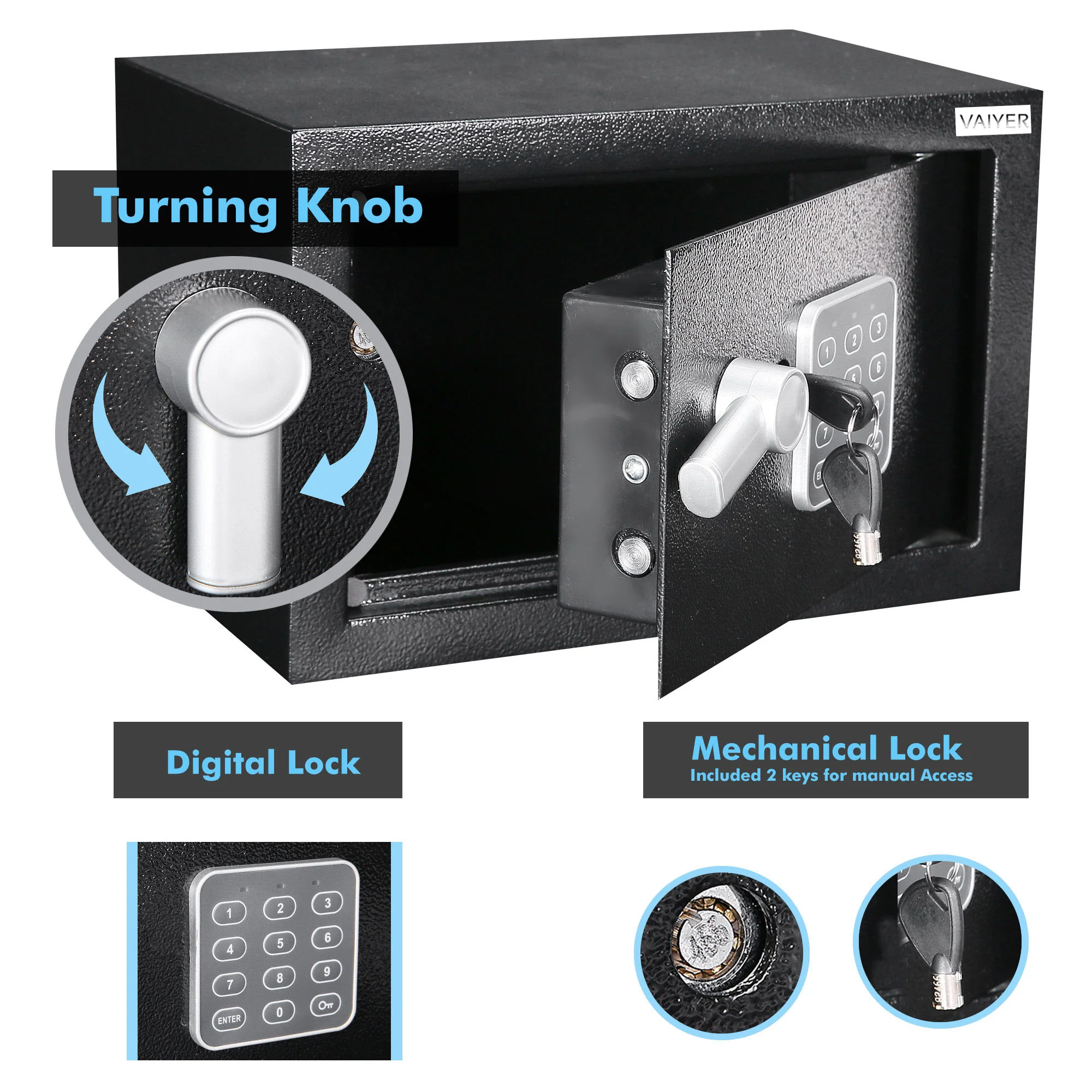 Vaiyer Home and Office Electronic Safe Box w/ Keys, Money Lock Boxes, Safety Boxes for Home, Office - Steel Alloy Drop Safe