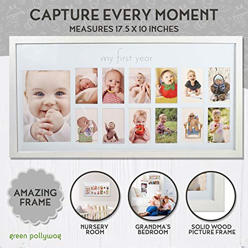 Green Pollywog | Babys First Year Frame | Collage Frame For Baby In White | 12 Month Picture Frame | Milestone Photo Frame | Fir