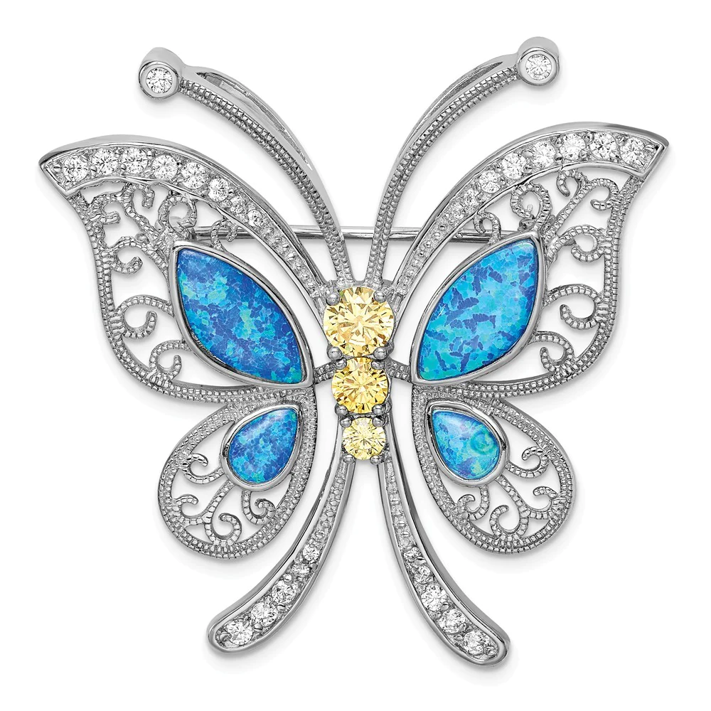 Jewelryweb Sterling Silver Blue Simulated Opal Yellow Clear Cubic Zirconia Butterfly Pin - Measures 45x46mm Wide