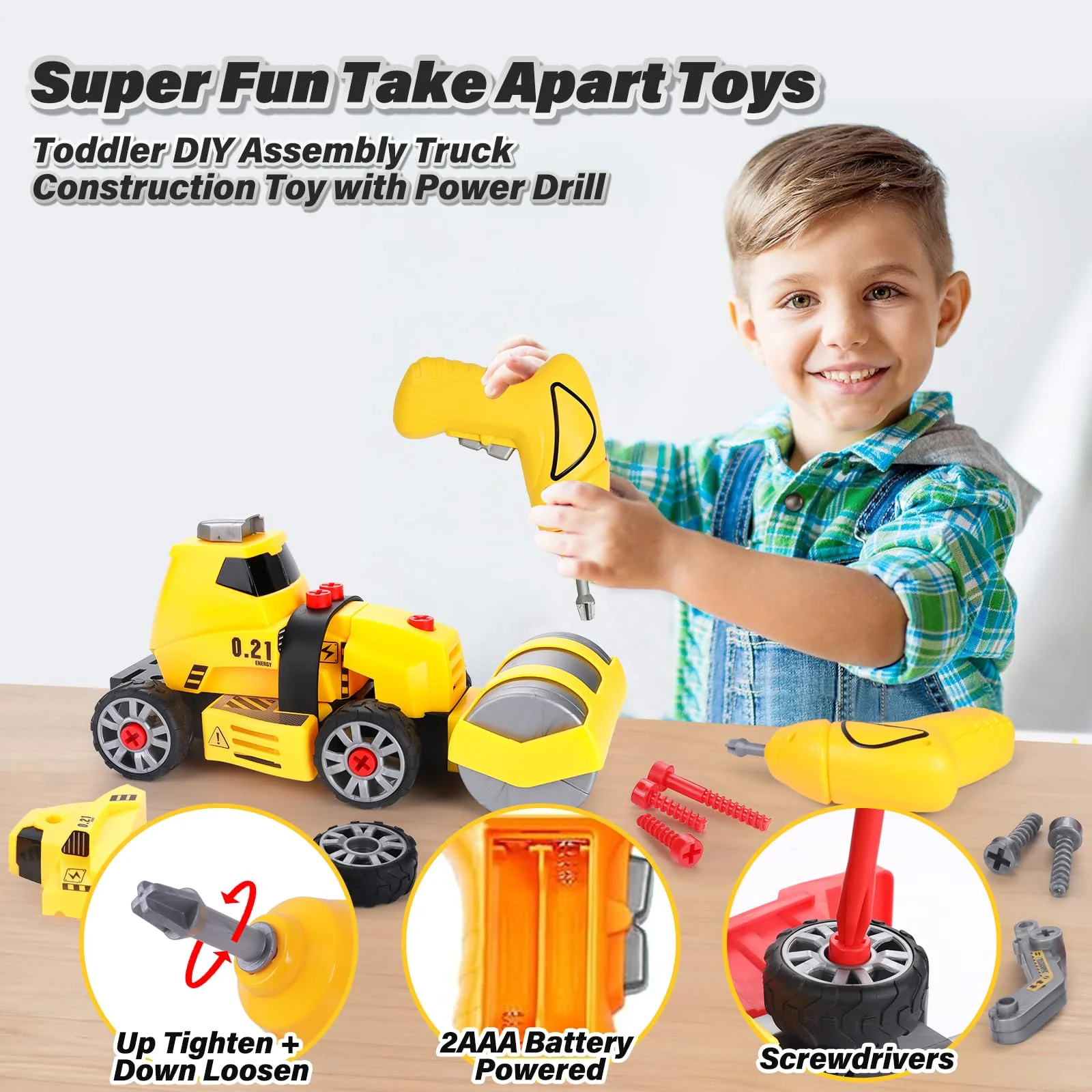 FLY2SKY Toys for 3 4 5 6 7 8 Year Old Boys 7 in 1 Take Apart Toys with Electric Drill Take Apart Truck Toys Construction Set DIY