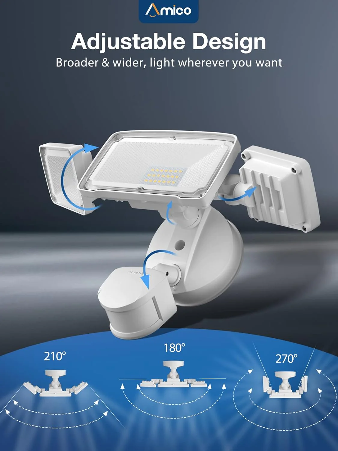 Amico 3 Head LED Security Lights with Motion Sensor, Adjustable 40W, 4000LM, 5000K, IP65 Waterproof, Exterior Flood Light for Garage,