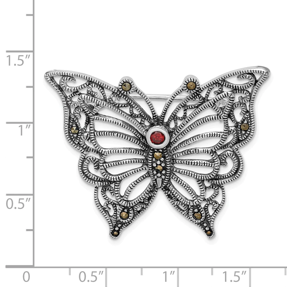 Jewelryweb Sterling Silver Marcasite Red Cubic Zirconia Butterfly Pin
