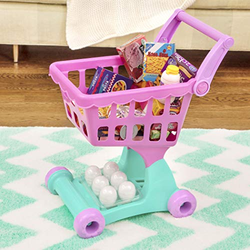 Play Circle by Battat – Pink Shopping Day Grocery Cart – Toy Shopping Cart with Pretend Play Food Items – Realistic Kitchen Acce