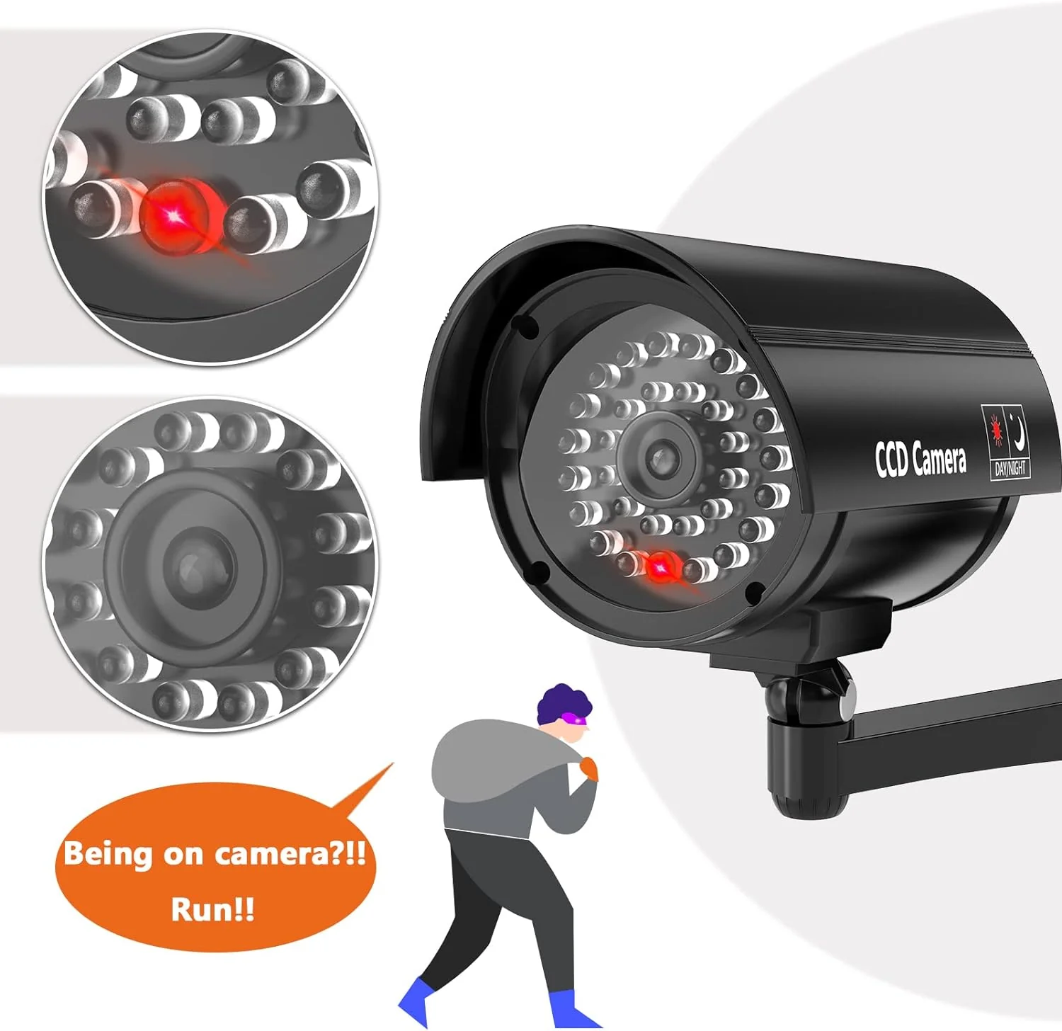 Wali Bullet Dummy Fake Surveillance Security CCTV Dome Camera Indoor Outdoor 1 Flashing LED Light and Security Alert Sticker Decals