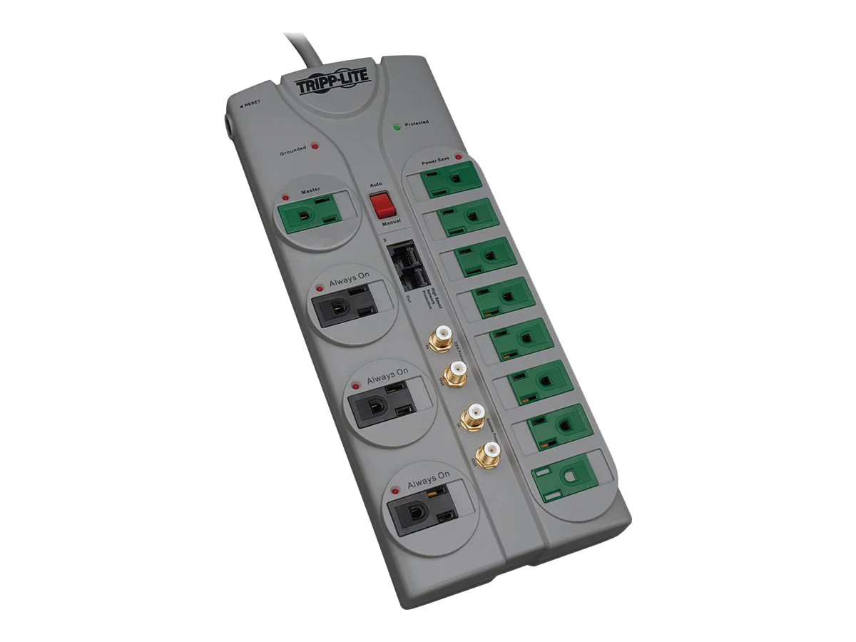 Tripp Lite 12 Outlet (8 Energy Saving) Surge Protector Power Strip, 10ft Cord, Right-Angle Plug, Lifetime Warranty &a; $250,000 IN