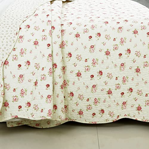 Cozy Line Home Fashions Pink Rose Garden Reversible Coverlet Bedspread Quilt Bedding Set (Ivory/Roses, King - 3 Piece)