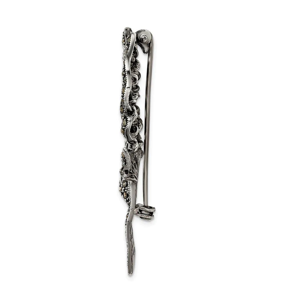Jewelryweb Sterling Silver Antiqued Marcasite Flower Pin