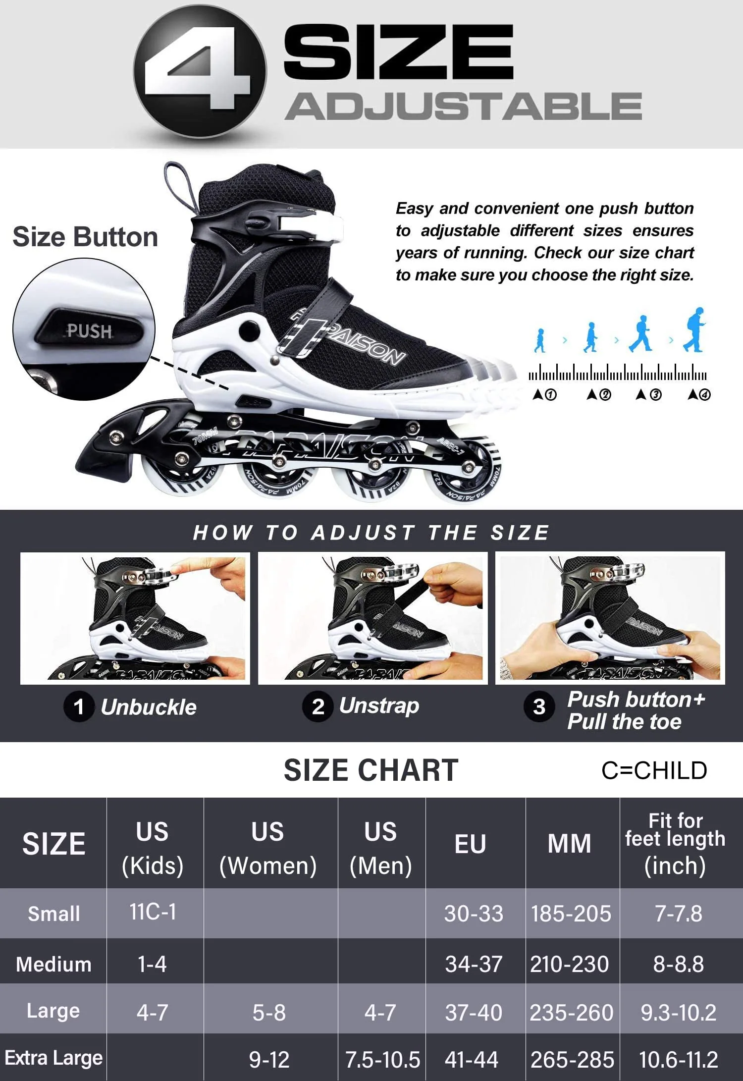 PAPAISON Adjustable Inline Skates for Kids and Adults with Full Light Up Wheels, Outdoor Roller Skates for Girls and Boys, Men a