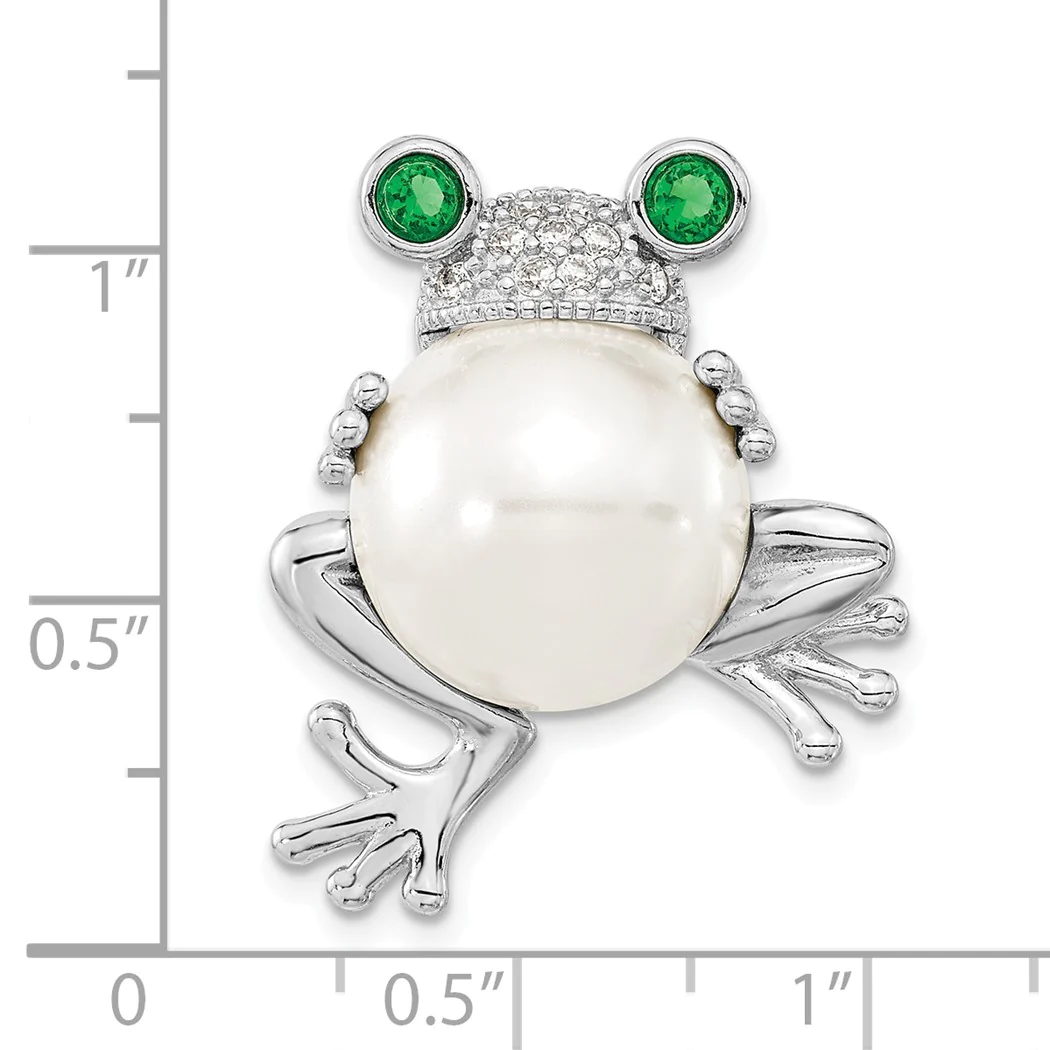 Jewelryweb 24mm Cheryl M Sterling Silver Rhodium-plated Acrylic Pearl and Brilliant-cut Green And White CZ Frog