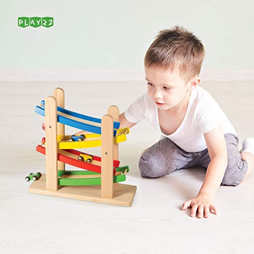 Play22 Wooden Car Ramps Race - 4 Level Toy Car Ramp Race Track Includes 4 Wooden Toy Cars - My First Baby Toys - Toddler Race Ca