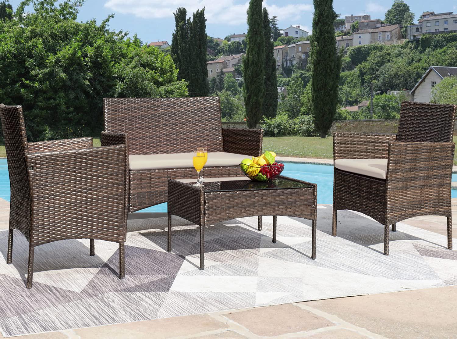 greesum patio furniture 4 pieces conversation sets outdoor wicker rattan chairs garden backyard balcony porch poolside lovese