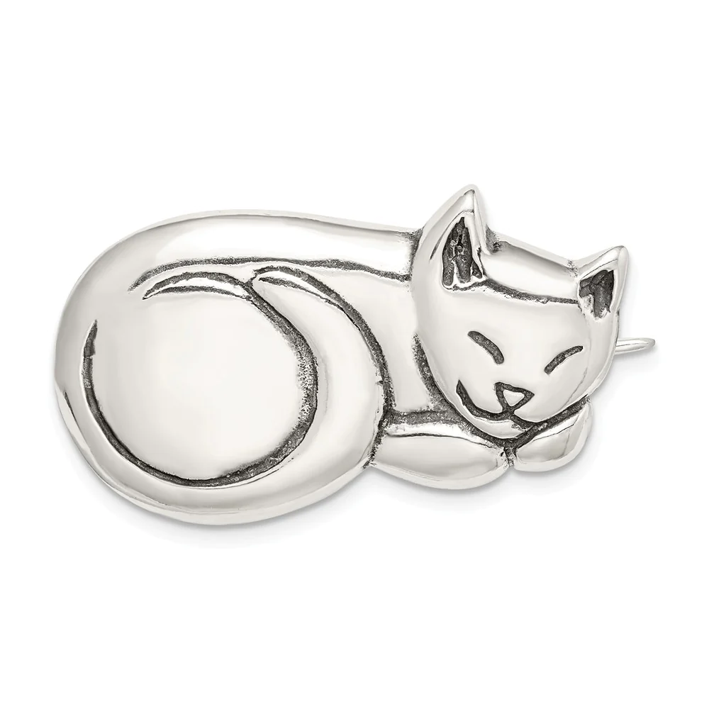 Jewelryweb Sterling Silver Antiqued Sleeping Cat Pin - Measures 21x34mm Wide