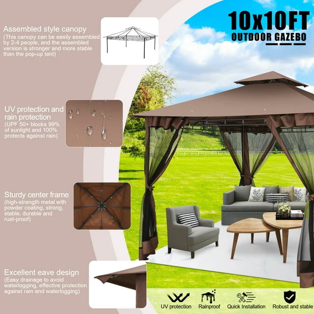 Generic 10 Ft x 10 Ft Sturdy Patio Gazebo with Mosquito Netting Practical Outdoor Gazebo for Backyard,Lawn,Deck,Garden,Patio&a; Pool side
