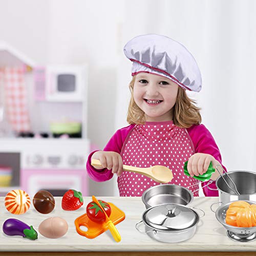 Tigerhu 26 Pieces Cutting Pretend Play Food Toys Play Kitchen Accessories Pots and Pans Set, Cooking Utensils, Apron &a; Chef Hat