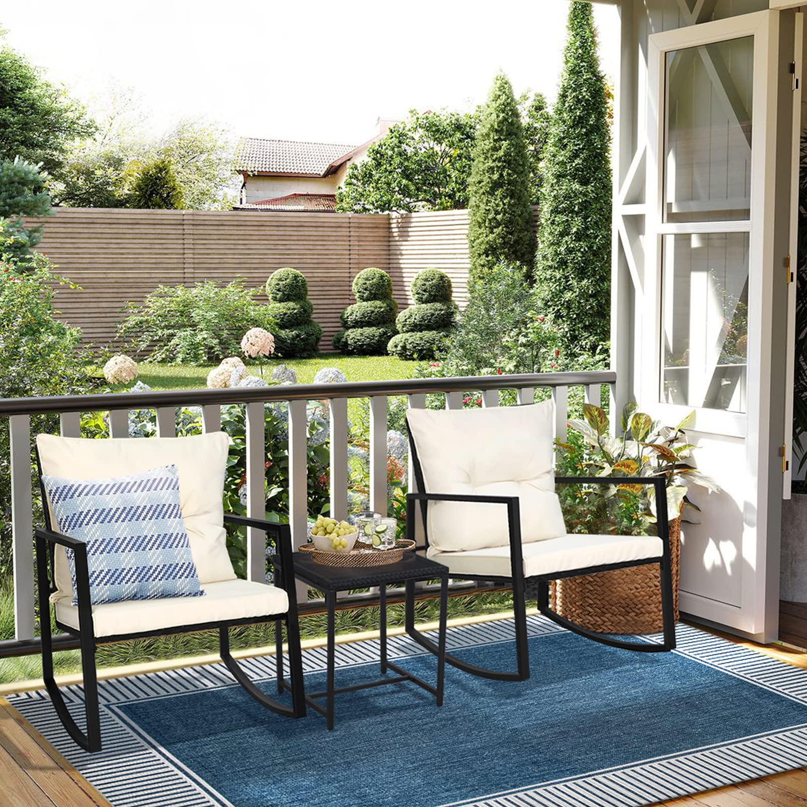 suncrown 3 piece outdoor rocking bistro set black wicker furniture porch chairs conversation sets with glass coffee table, be