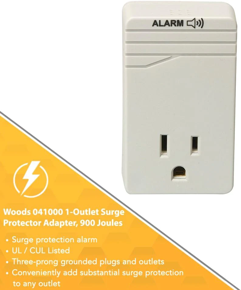 Coleman Cable Woods Surge Protector Adapter For 900 Joules Of Protection With One 3-Prong Outlet And Surge Protection Alarm (Wall Mounted, Li