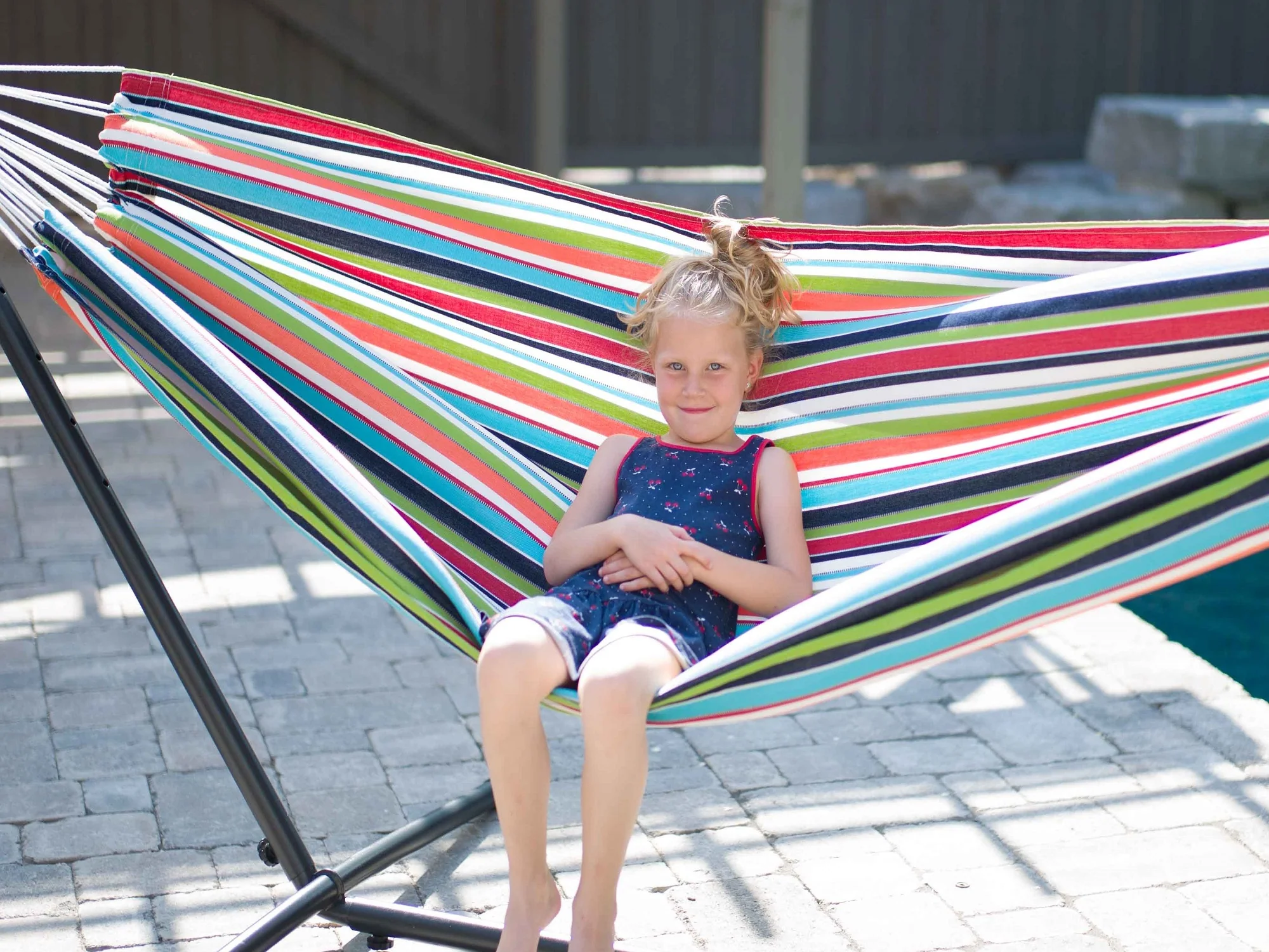 The Hamptons Collection 110” Red, Orange and Blue Striped Sunbrella Brazilian Style Hammock with Stand