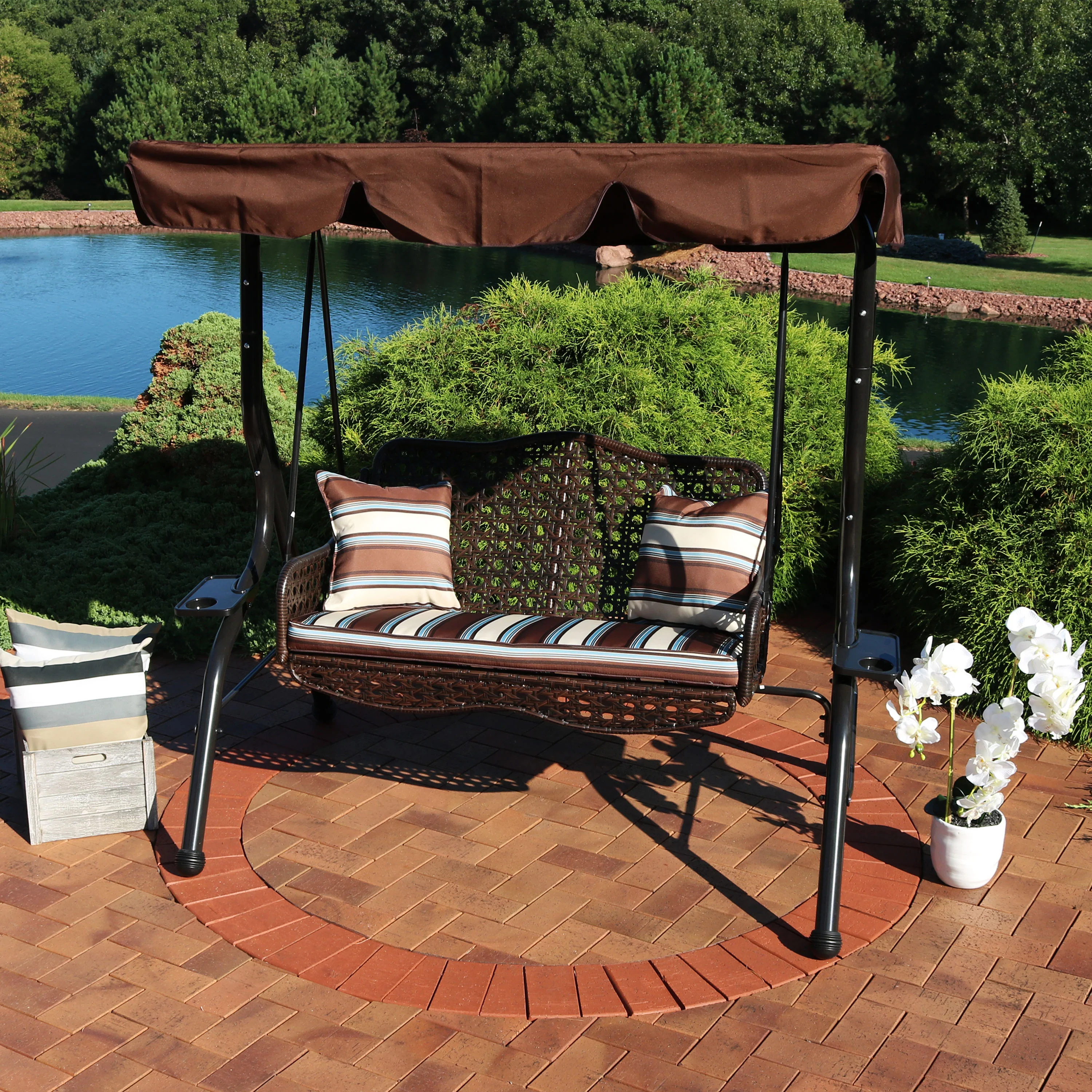Sunnydaze Decor 2-Seater Rattan Patio Swing with Striped Pillows and Cushion - Brown