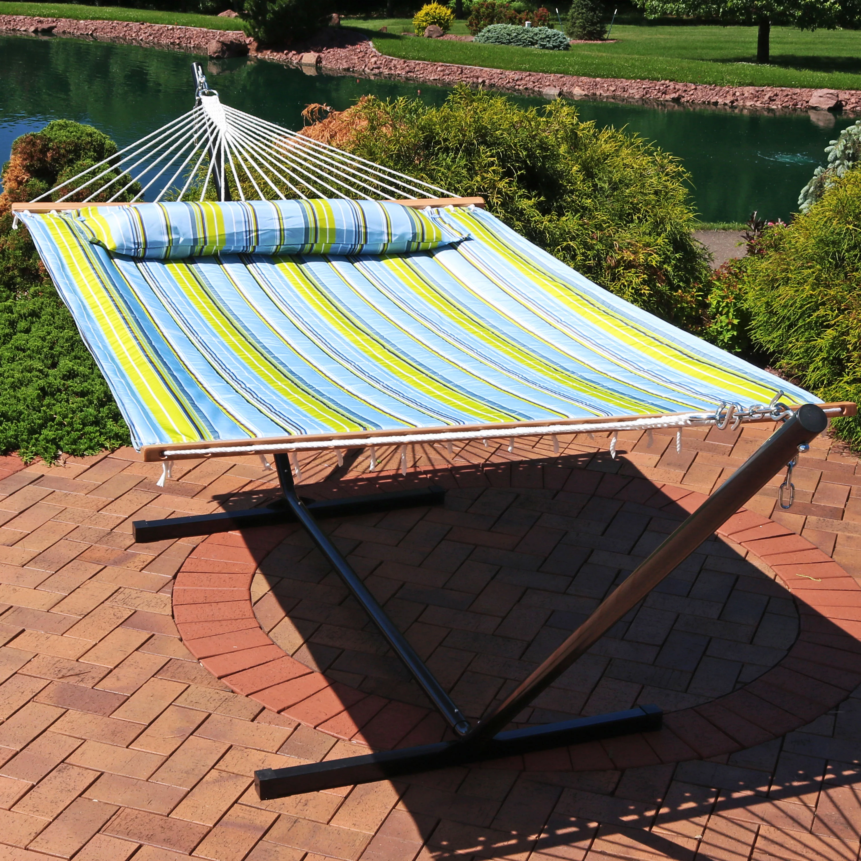 Sunnydaze Decor 2 Person Quilted Spreader Bar Hammock with Stand - Blue &a; Green