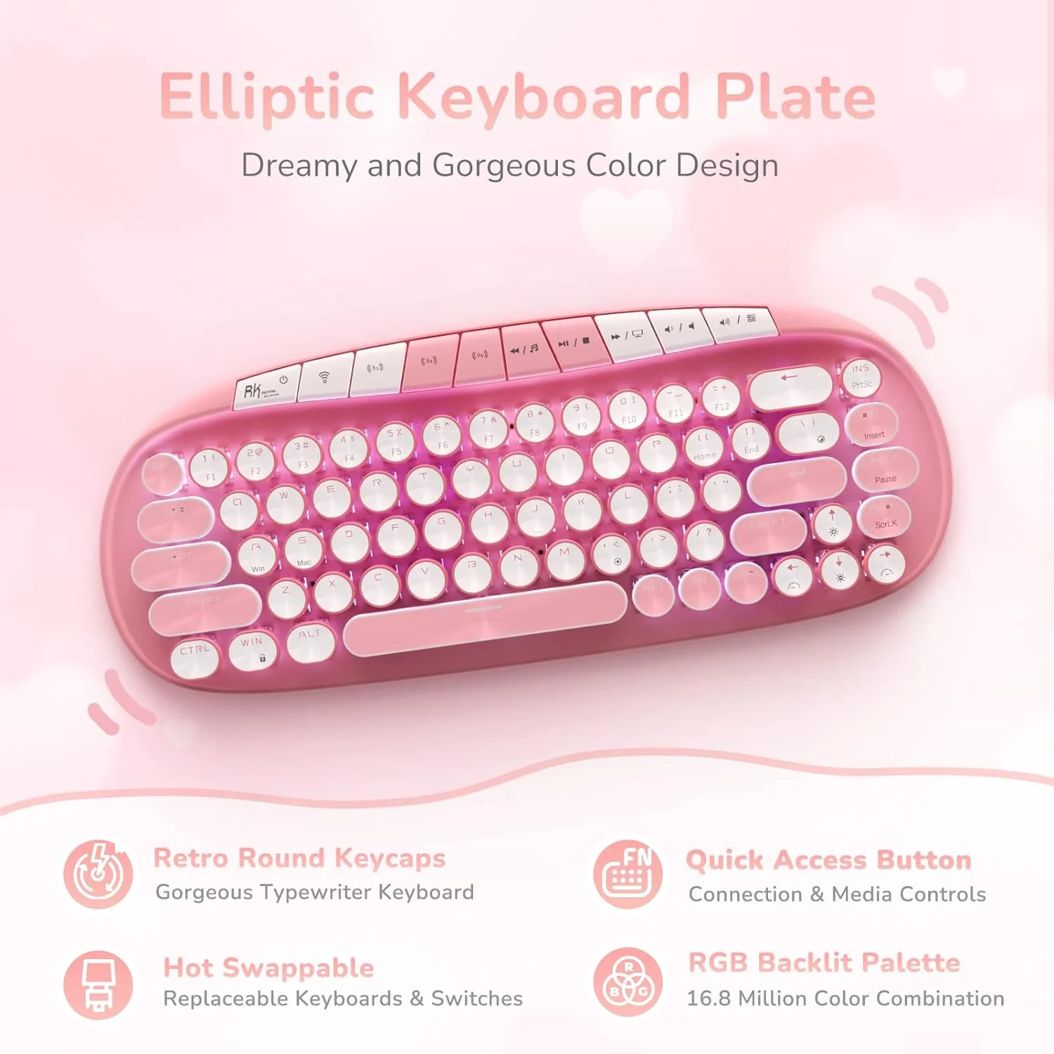 Zell Electronics Zell Pink Wireless Keyboard, Retro Typewriter Keyboard Bt/2.4G/Wired Mode, 75% Rgb Hot Swappable Gaming Keyboard With Round K…