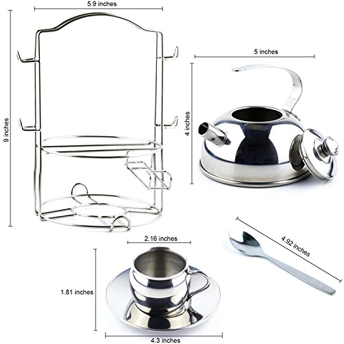 Timy Play Tea Party Set 14pcs for Girls, BPA Free Stainless Steel Teapot Pretend Kitchen Toys