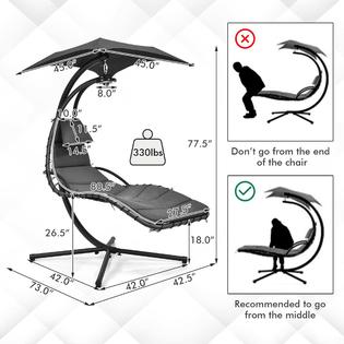 Gymax Hanging Chaise Lounge Curved Steel Patio Hammock Swing Chair w/ Overhead Light Grey