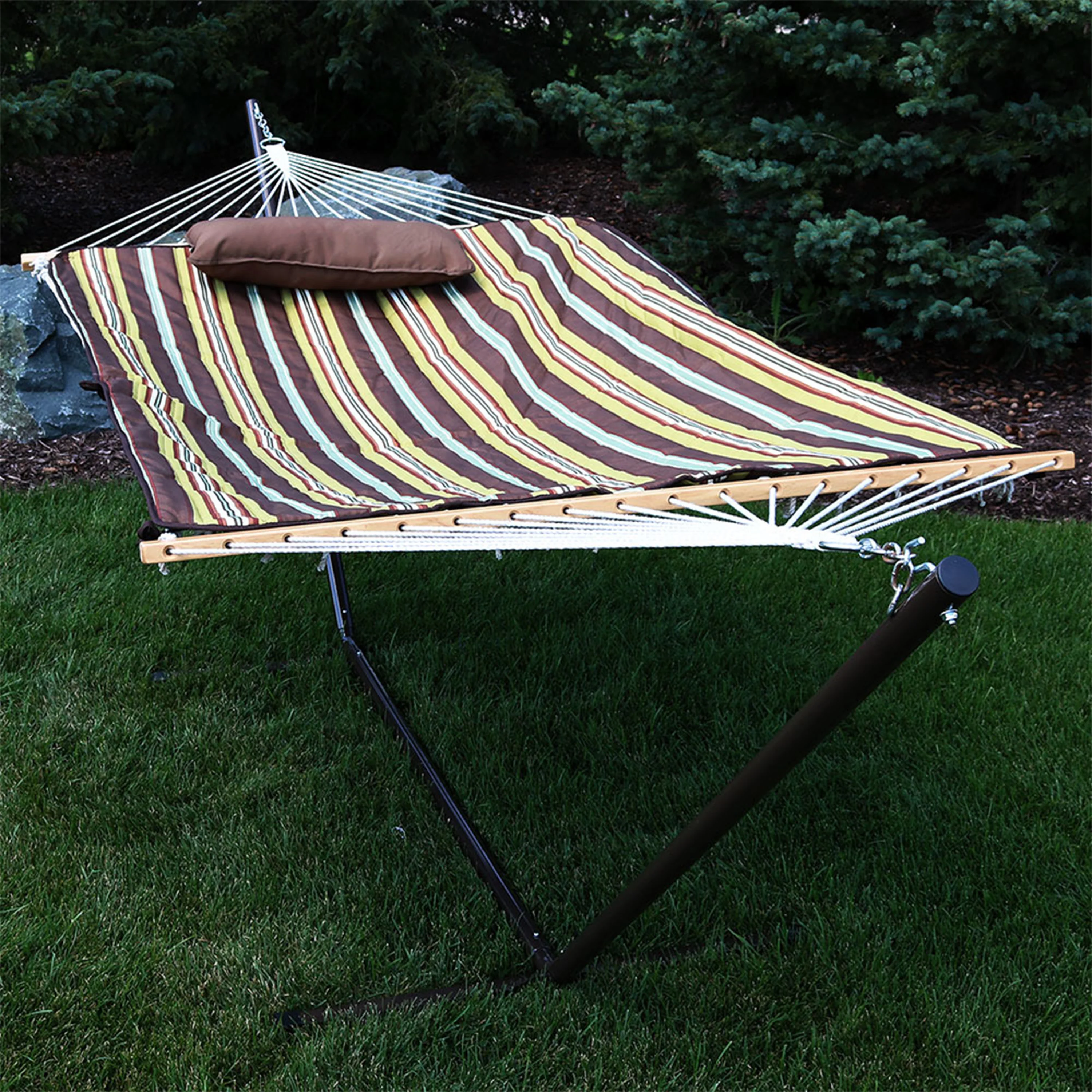 Sunnydaze Decor Rope Hammock with 12-Foot Stand - Pad &a; Pillow - Desert Stripe