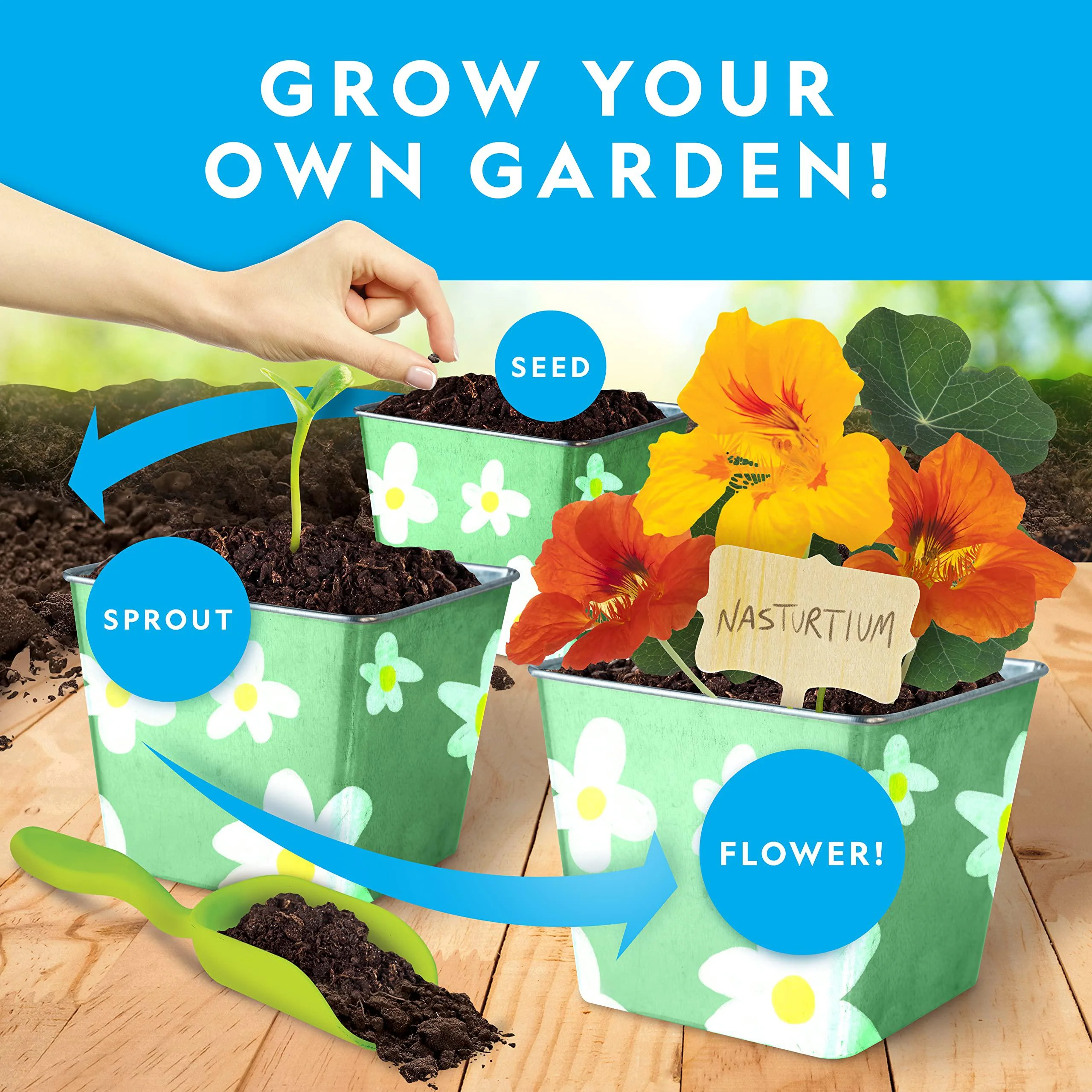 national geographic flower &a; herb gardening kit for kids - kids gardening set with 3 stainless steel pots, paint &a; stickers,